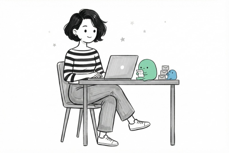 Caro at her desk, AI sprites sorting emails